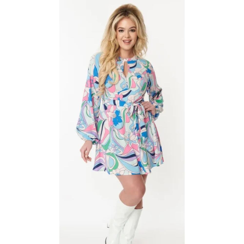 Printed Long Sleeve Mini Dress in Pastel Floral